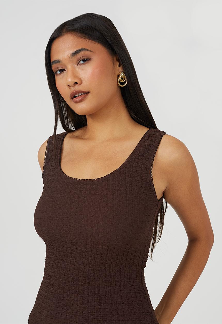 Brave Soul - Ladies Strappy Textured Jersey Lace Maxi Dress - Dark Brown