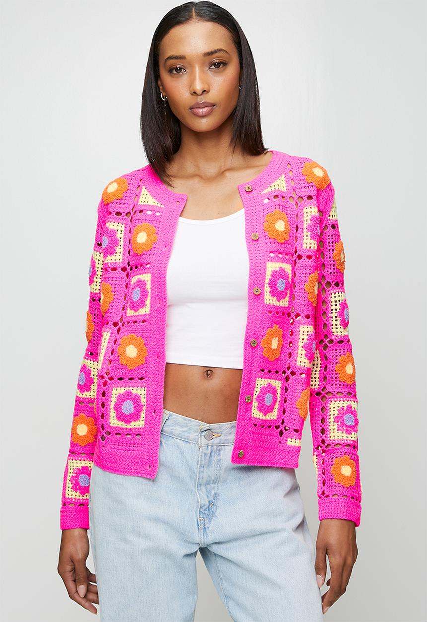 MANDI - L/S Patch Crochet Check Design Crew Neck Button Through Jersey Top - Pink