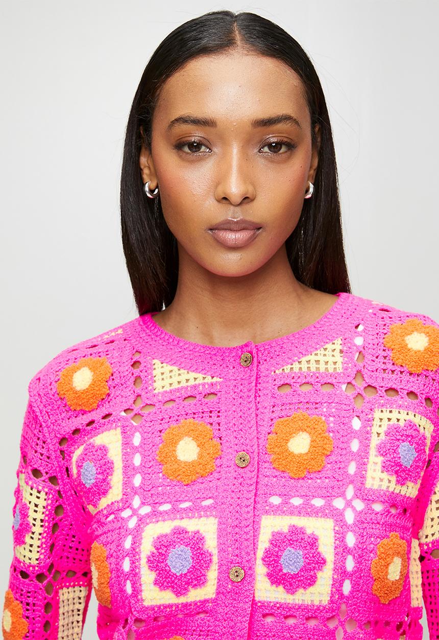 MANDI - L/S Patch Crochet Check Design Crew Neck Button Through Jersey Top - Pink
