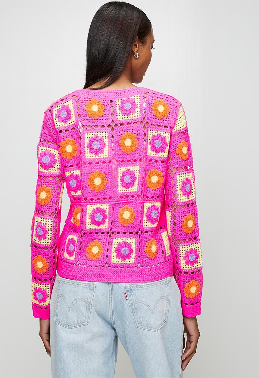 MANDI - L/S Patch Crochet Check Design Crew Neck Button Through Jersey Top - Pink