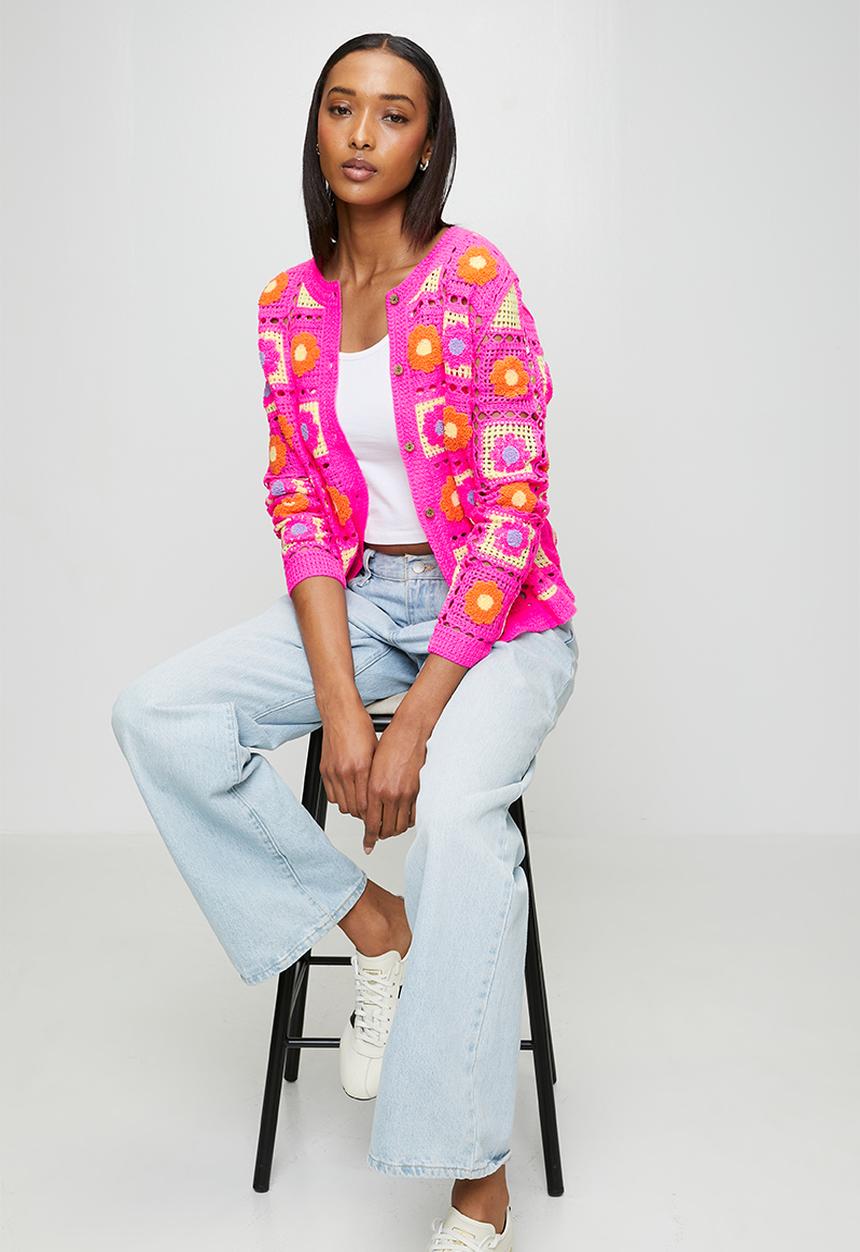 MANDI - L/S Patch Crochet Check Design Crew Neck Button Through Jersey Top - Pink