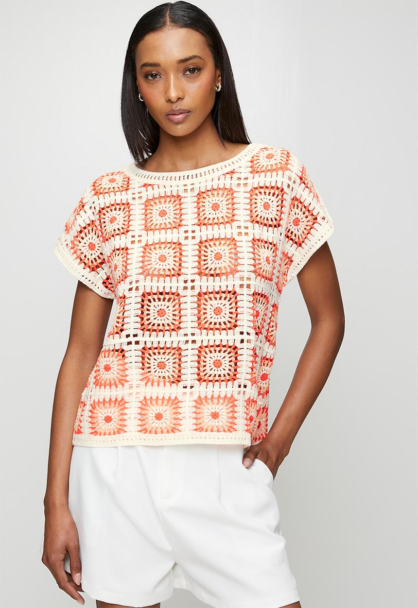 MANDI - Cap Sleeve All In One Panel Check Crochet Top - Orange