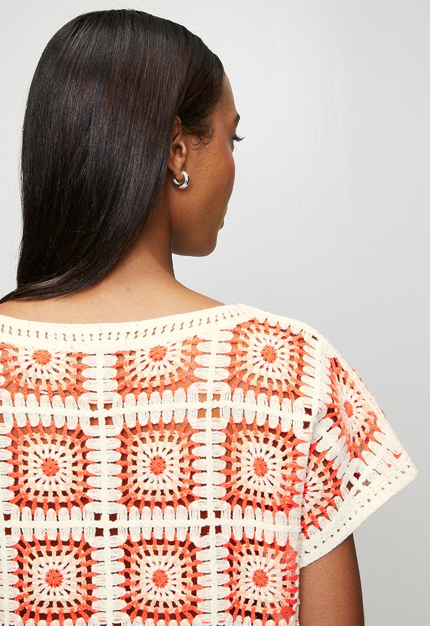 MANDI - Cap Sleeve All In One Panel Check Crochet Top - Orange