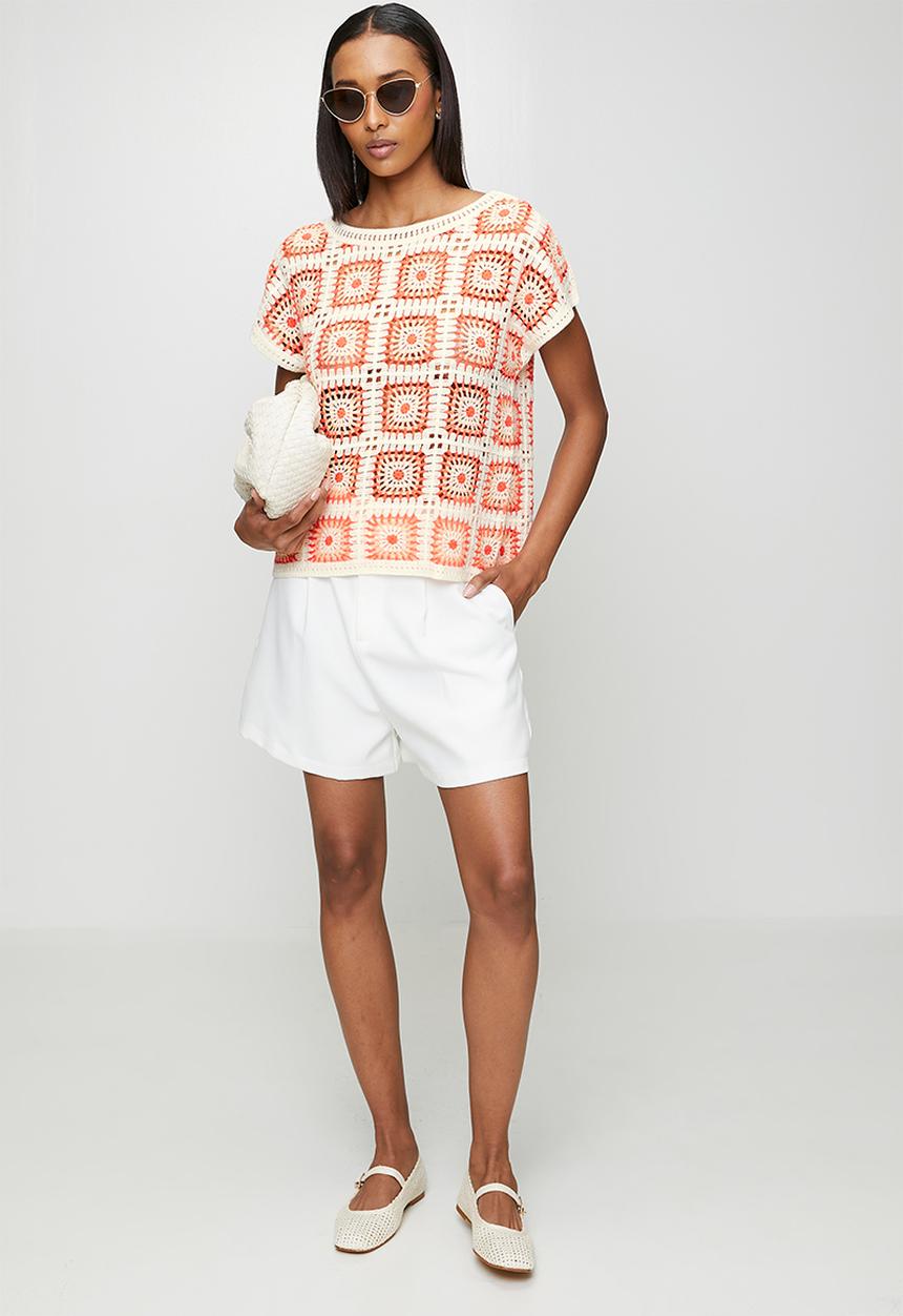 MANDI - Cap Sleeve All In One Panel Check Crochet Top - Orange
