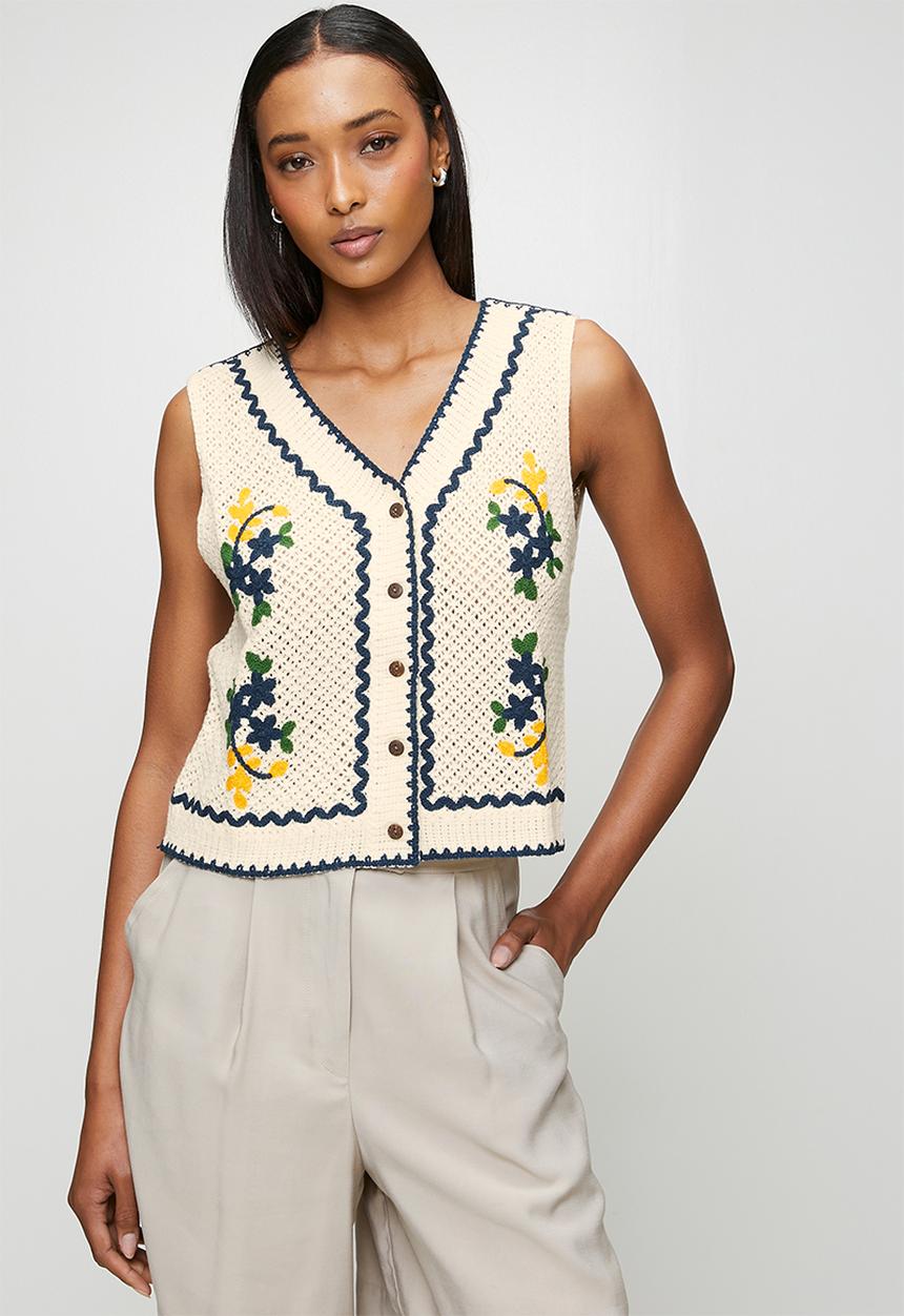 MANDI - S/Less V-Neck Button Through Crochet Top With Embroidery - Natural