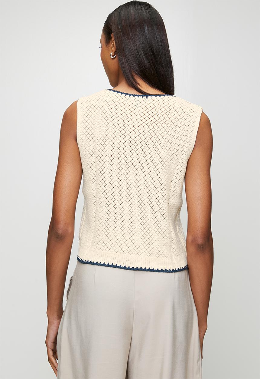 MANDI - S/Less V-Neck Button Through Crochet Top With Embroidery - Natural