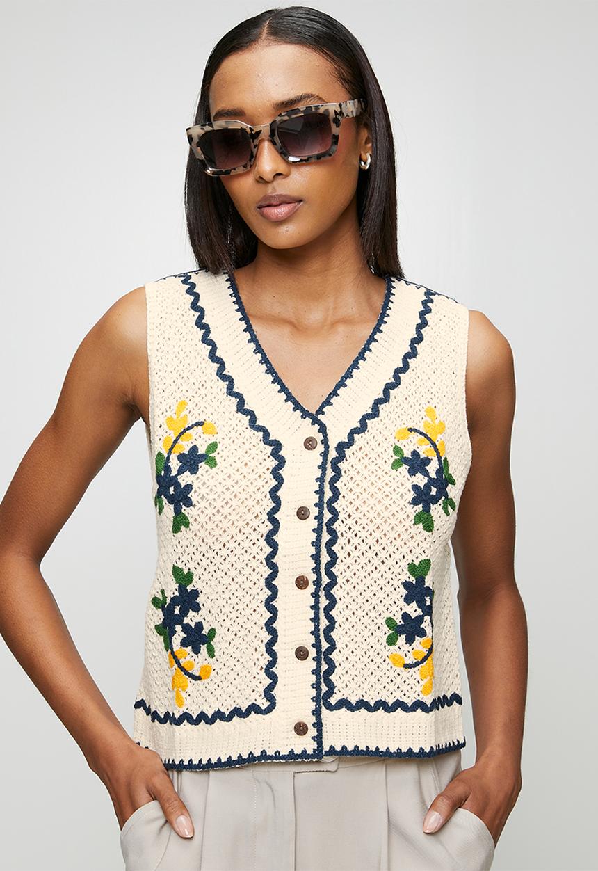 MANDI - S/Less V-Neck Button Through Crochet Top With Embroidery - Natural