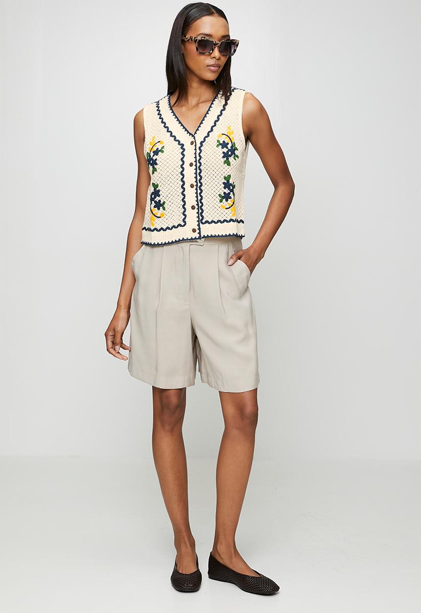 MANDI - S/Less V-Neck Button Through Crochet Top With Embroidery - Natural