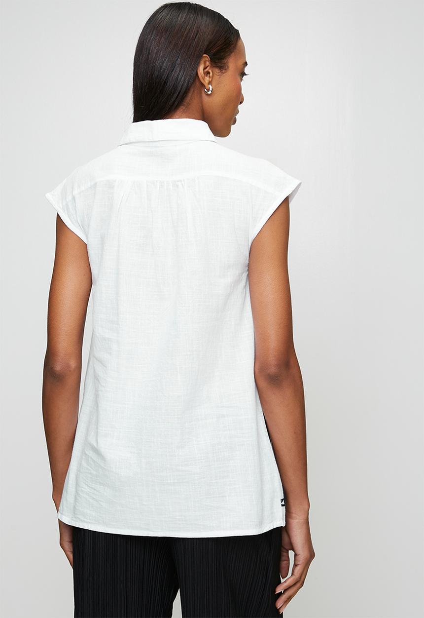 MANDI - Cap Sleeve Longer Length Top With Embroidery Palm Tree' At Hem - White