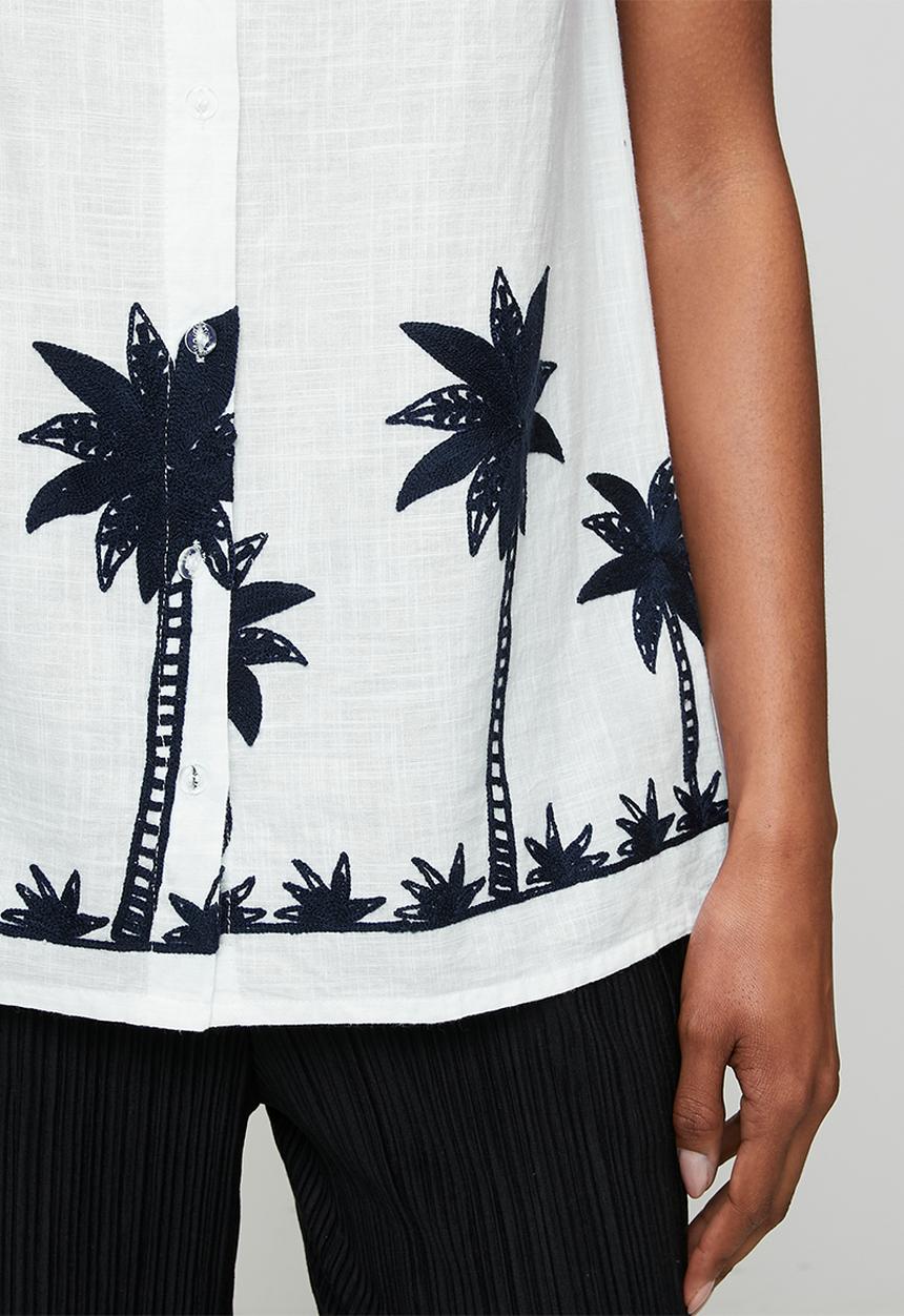 MANDI - Cap Sleeve Longer Length Top With Embroidery Palm Tree' At Hem - White