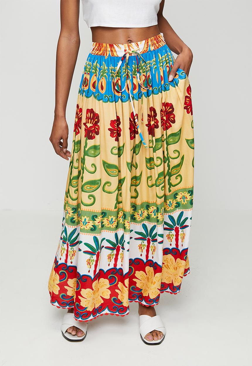 MANDI - High Waisted Tie Maxi Printed Skirt - multu