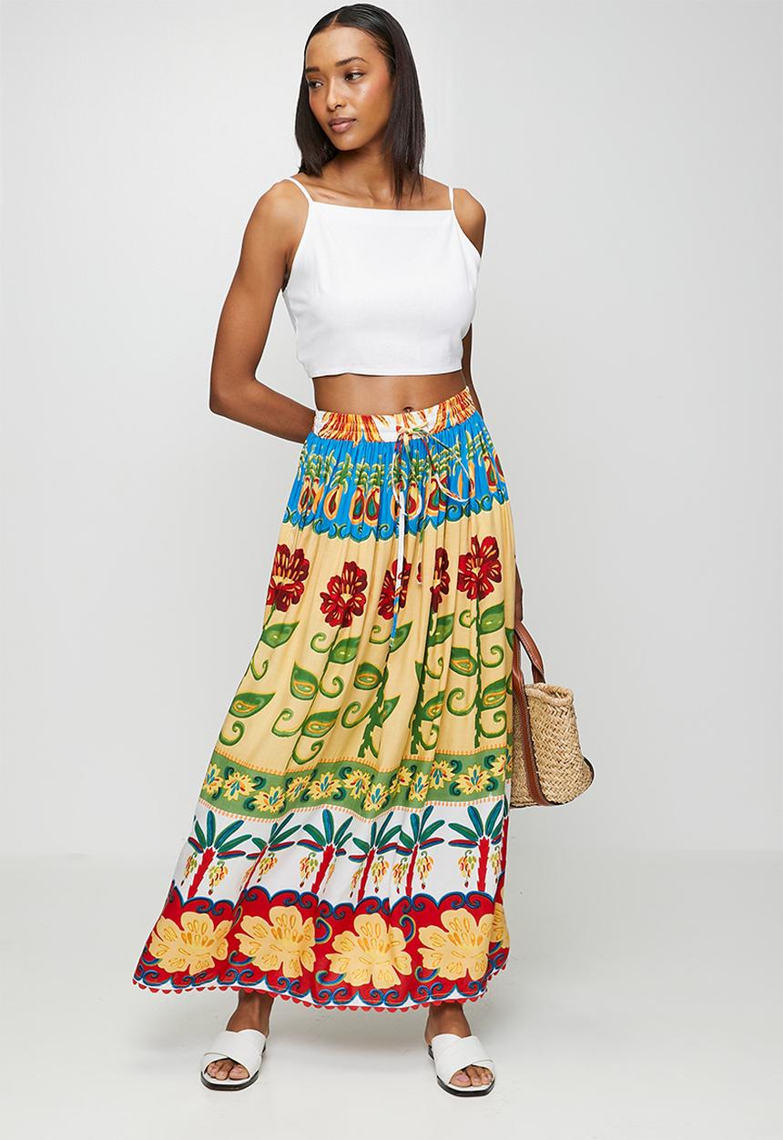 MANDI - High Waisted Tie Maxi Printed Skirt - multu