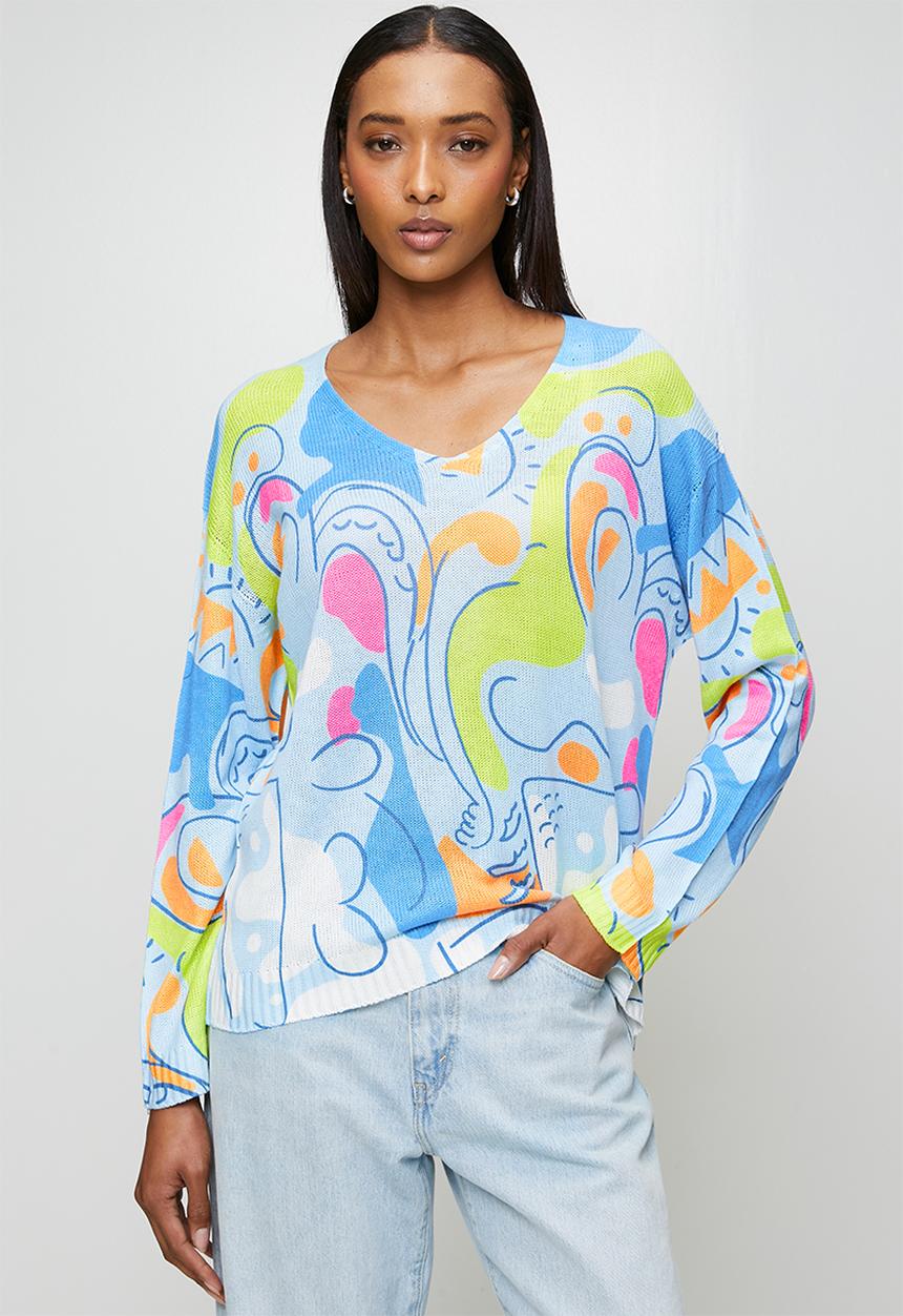 MANDI - Made In Italy Viscose Blend L/S -Neck Knitwear Top - Sky