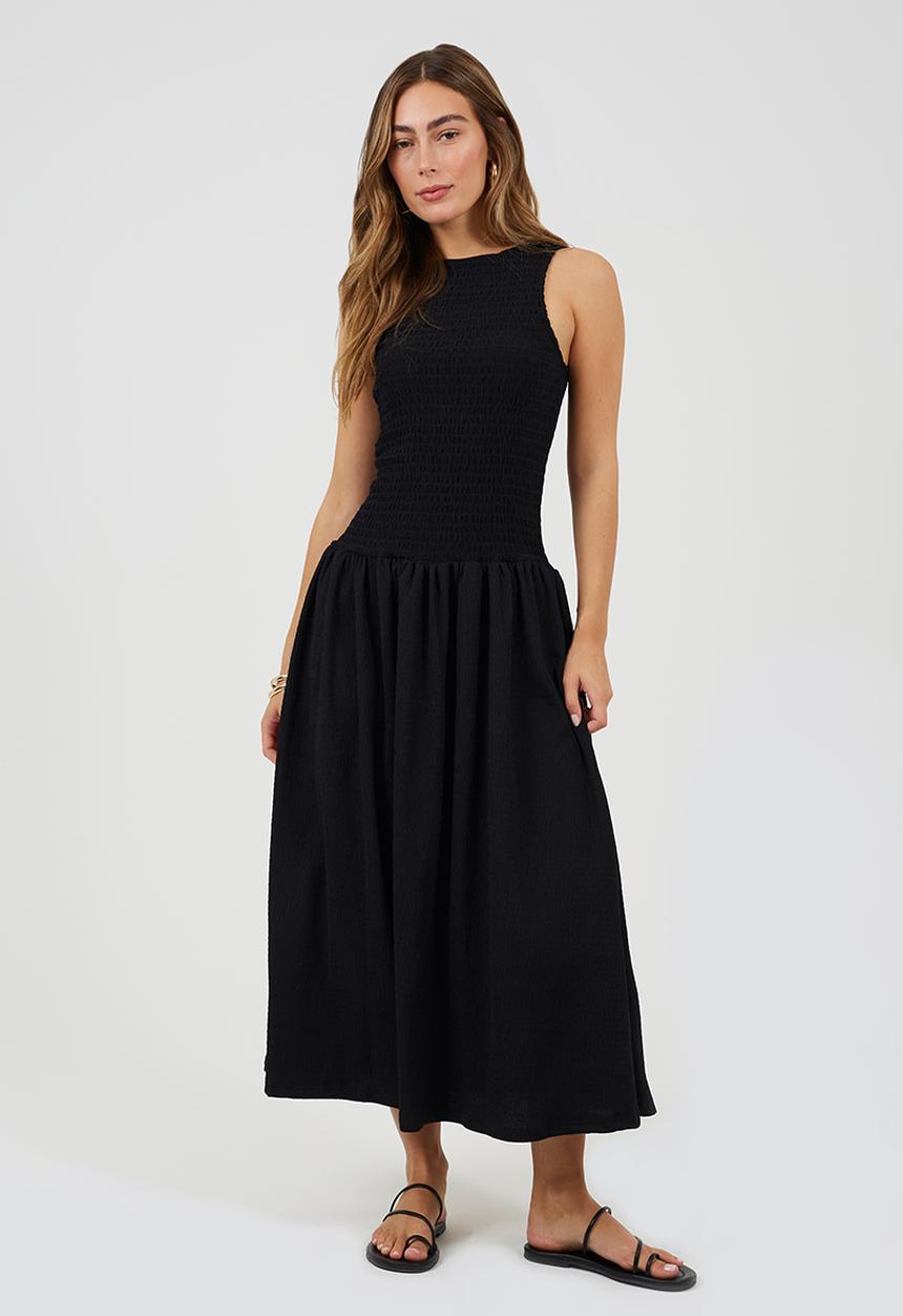 Brave Soul - Ladies Textured Jersey Maxi Dress With Ruched Bodice - Black