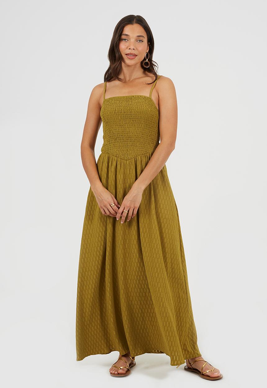 Brave Soul - Ladies Strappy Textured Jersey Dress With Ruched Bodice - Khaki