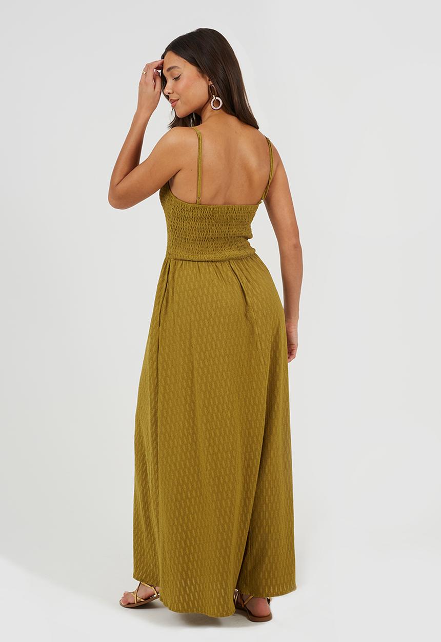 Brave Soul - Ladies Strappy Textured Jersey Dress With Ruched Bodice - Khaki
