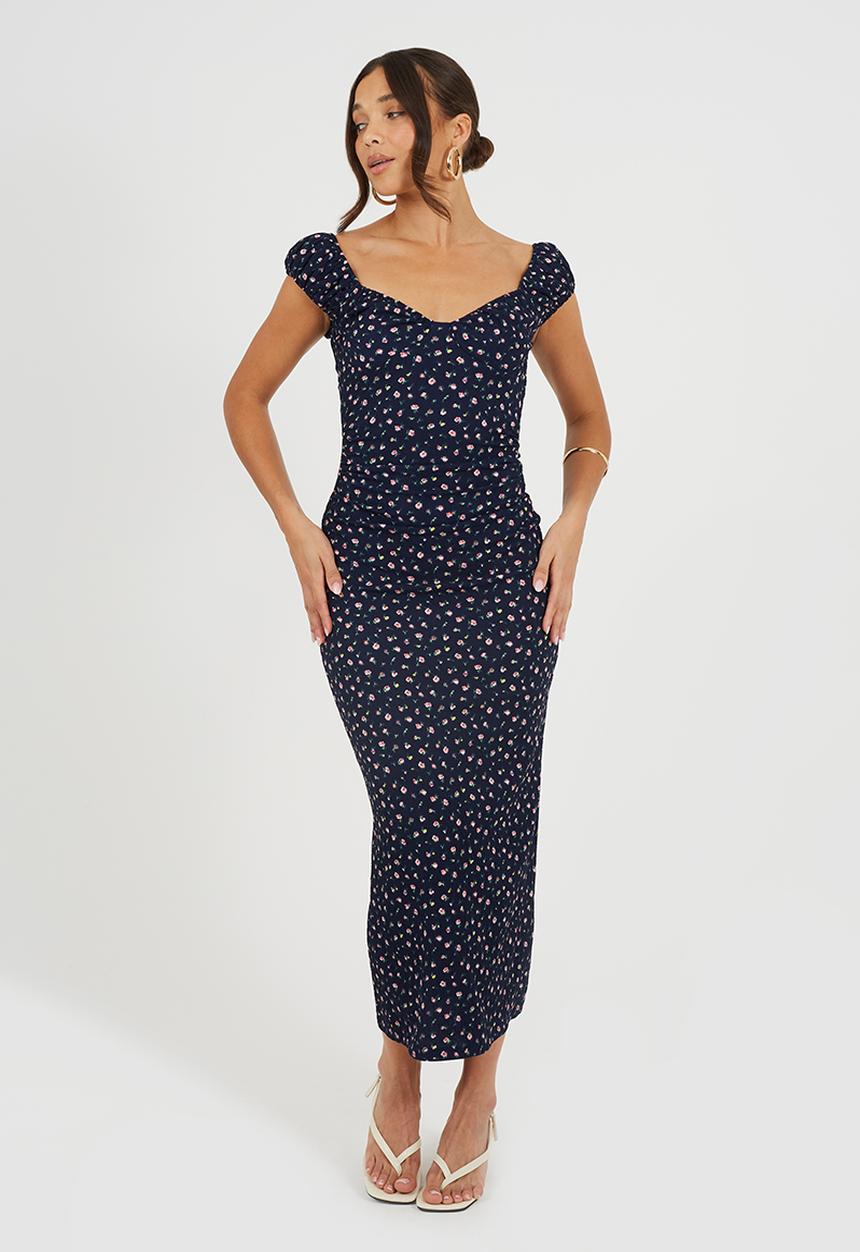 Brave Soul - Ladies Floral Cap Sleeve Textured Jersey Maxi Dress With Tie-Back Detail - Navy