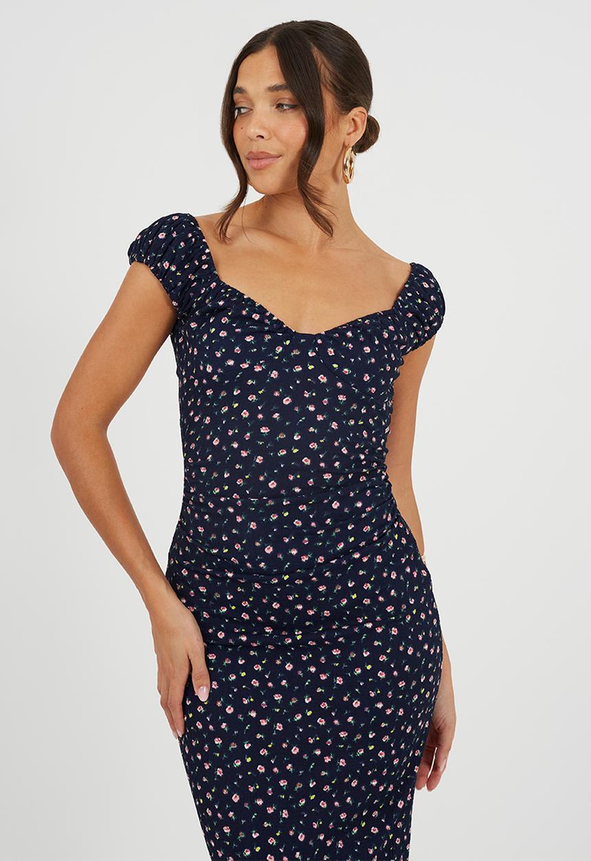 Brave Soul - Ladies Floral Cap Sleeve Textured Jersey Maxi Dress With Tie-Back Detail - Navy