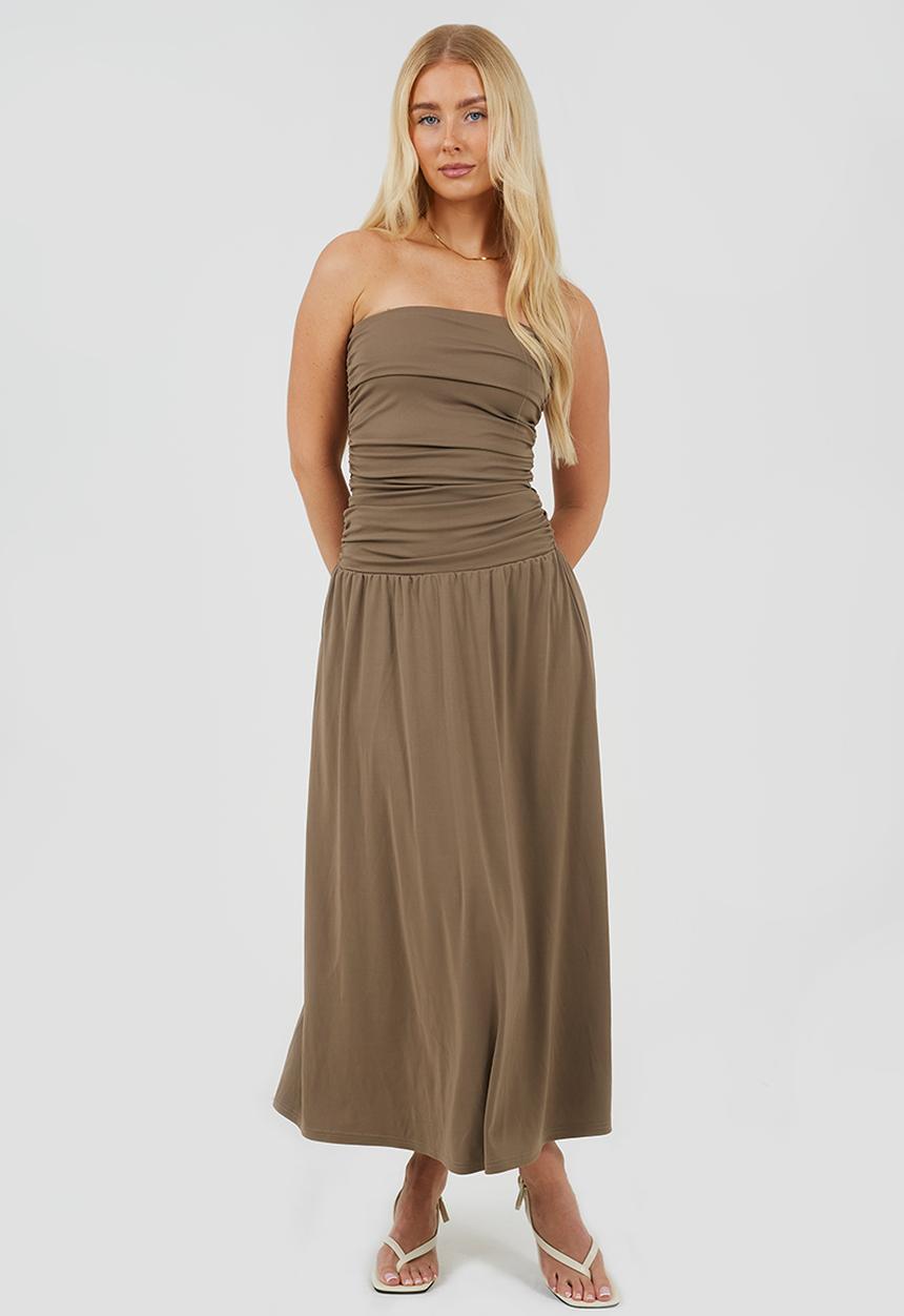 Brave Soul - Ladies Strappy Midi DressWith Ruching Detail - Brown