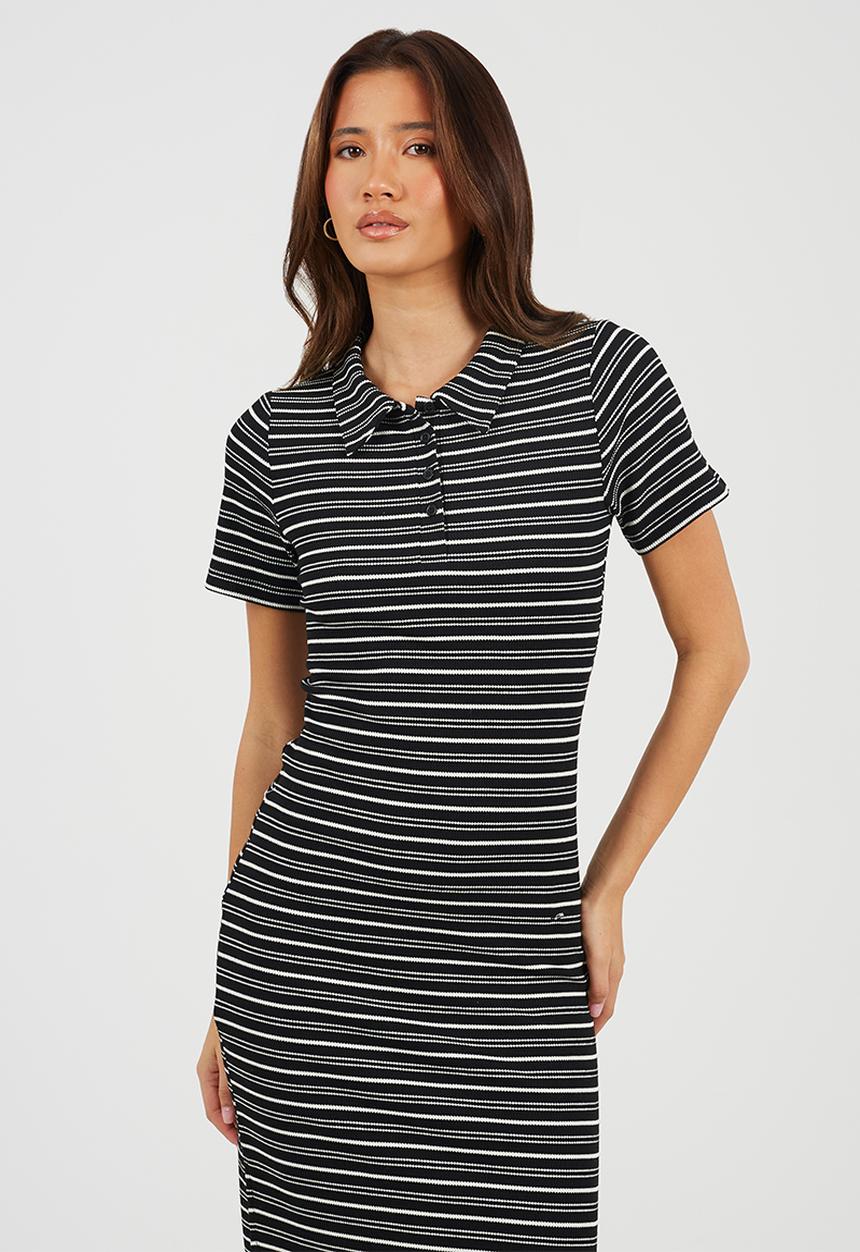 Brave Soul - Ladies Short Sleeve Maxi StripedTextured Jersey Dress With Collar - Black