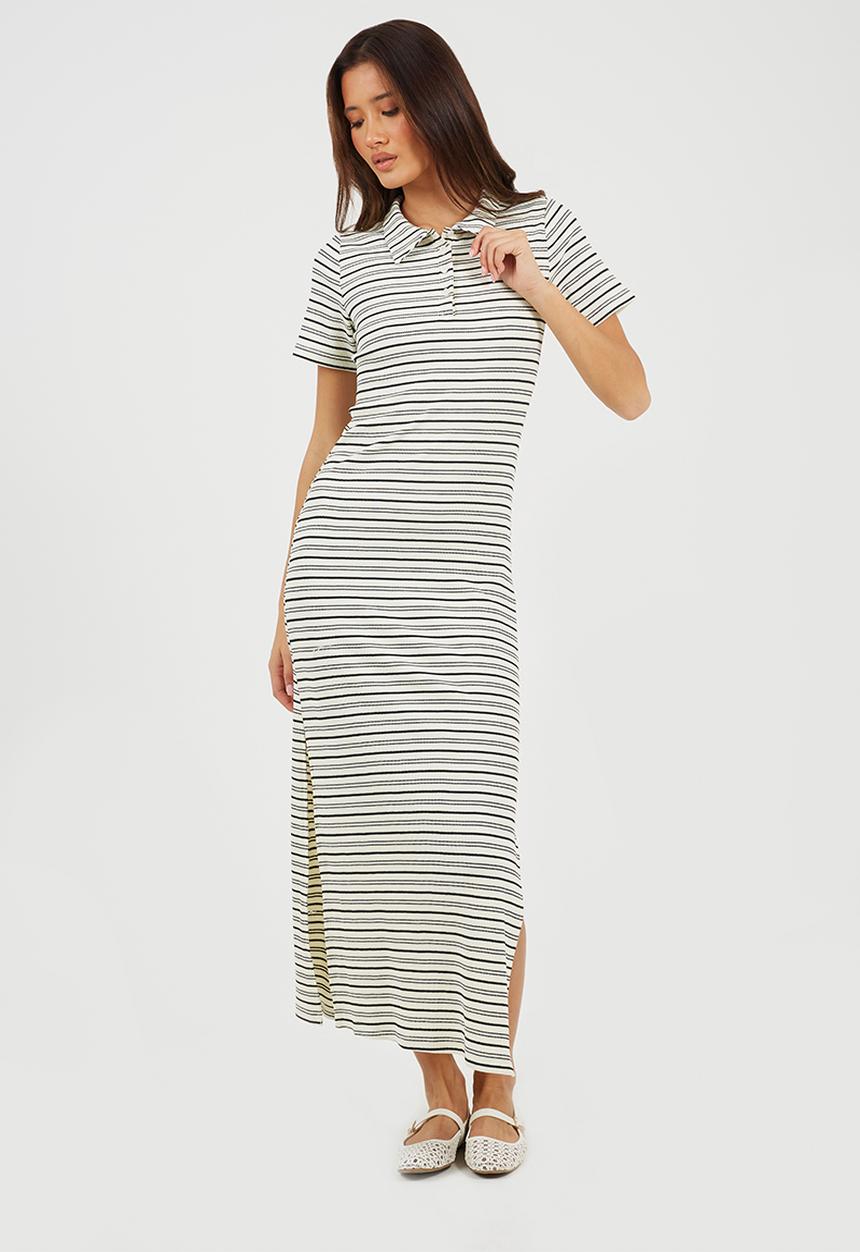 Brave Soul - Ladies Short Sleeve Maxi StripedTextured Jersey Dress With Collar - White Stripe