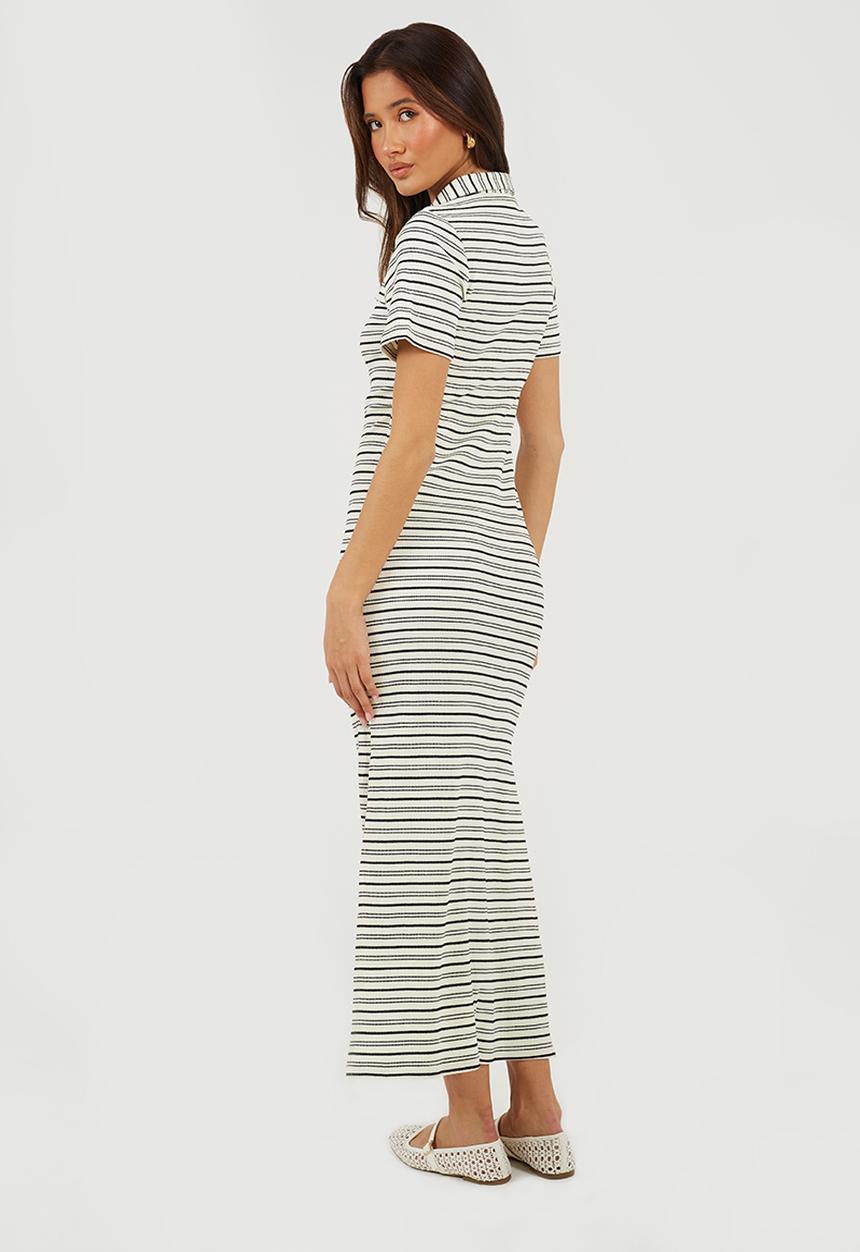 Brave Soul - Ladies Short Sleeve Maxi StripedTextured Jersey Dress With Collar - White Stripe