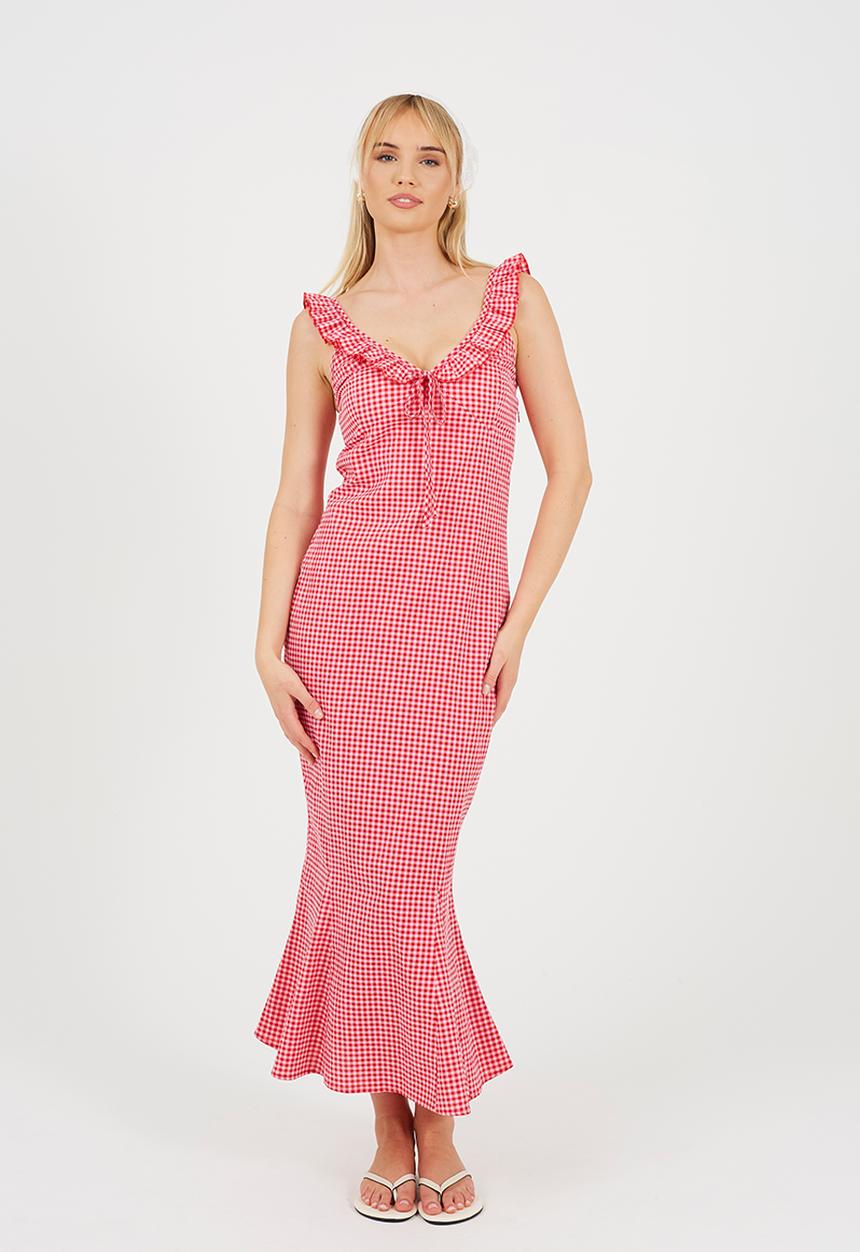 Brave Soul - Ladies Gingham Mermaid Maxi Dress With Ruffle Neckline - Plush Pink
