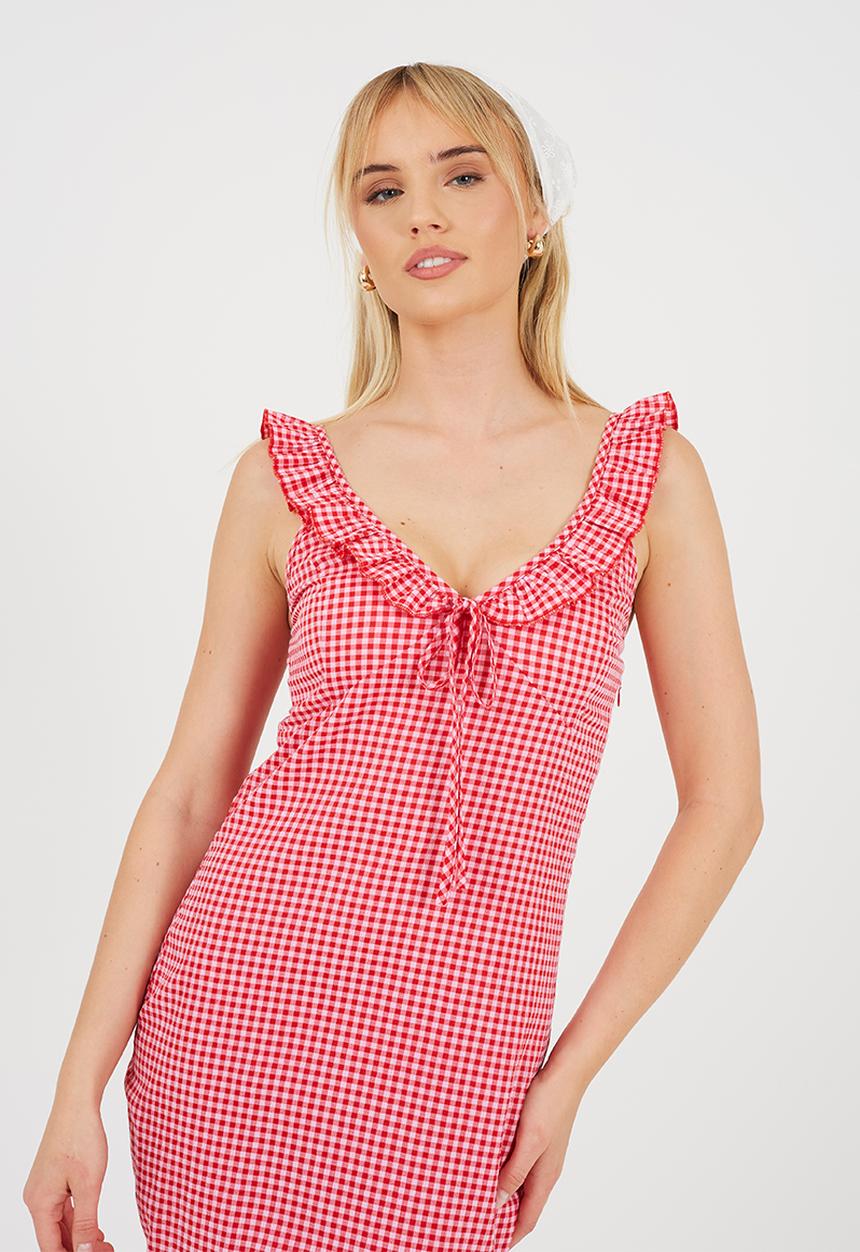 Brave Soul - Ladies Gingham Mermaid Maxi Dress With Ruffle Neckline - Plush Pink