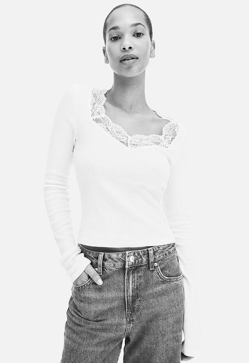 H&M - Lace-trimmed jersey top - white