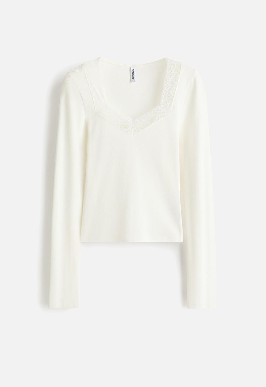 H&M - Lace-trimmed jersey top - white