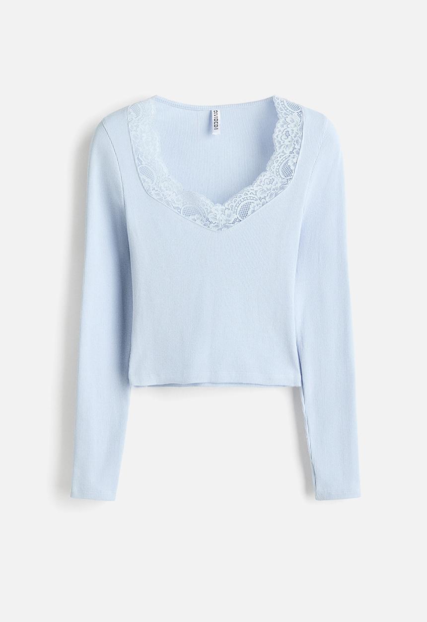 H&M - Lace-trimmed jersey top - light blue