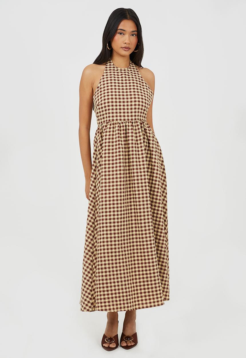 Brave Soul - Ladies Gingham Halterneck Maxi Dress - Brown