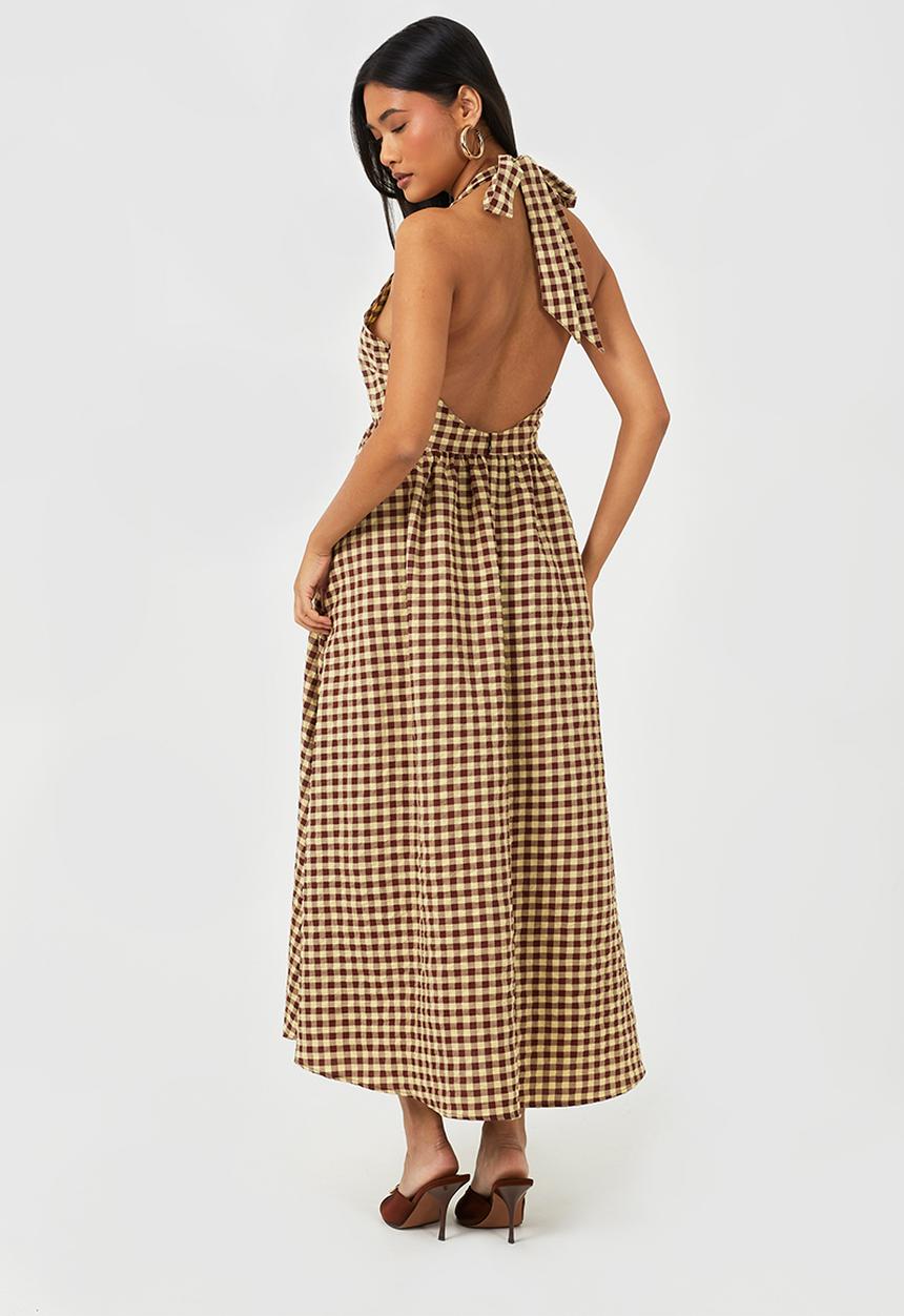 Brave Soul - Ladies Gingham Halterneck Maxi Dress - Brown