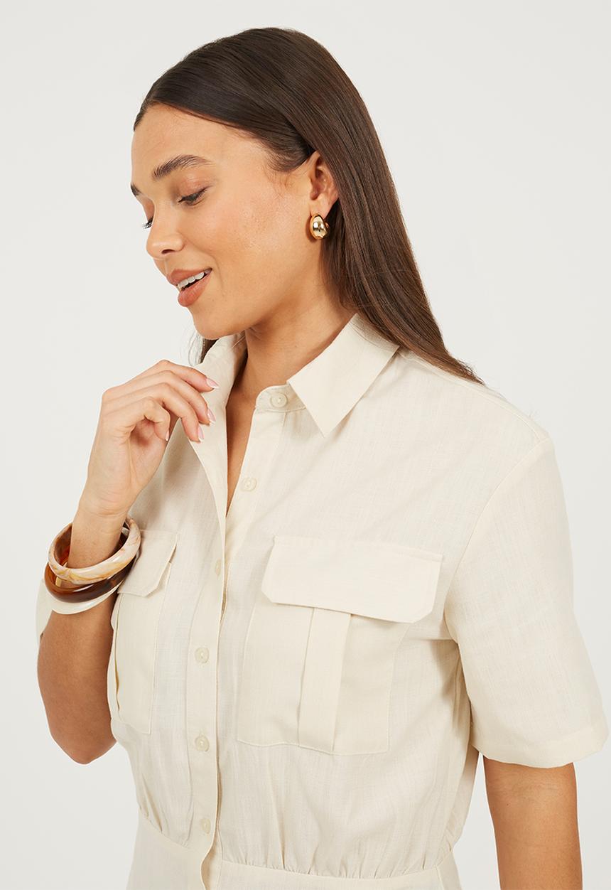 Brave Soul - Ladies Short Sleeve Button Down Midi Shirt Dress - White