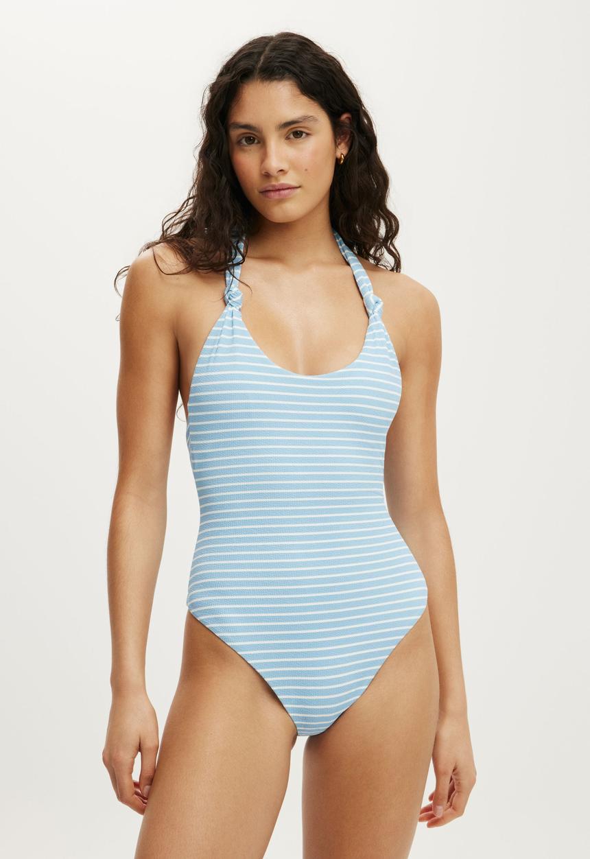 Cotton On - Halter Knot One Piece Cheeky - Clear Sea Blue Texture Stripe