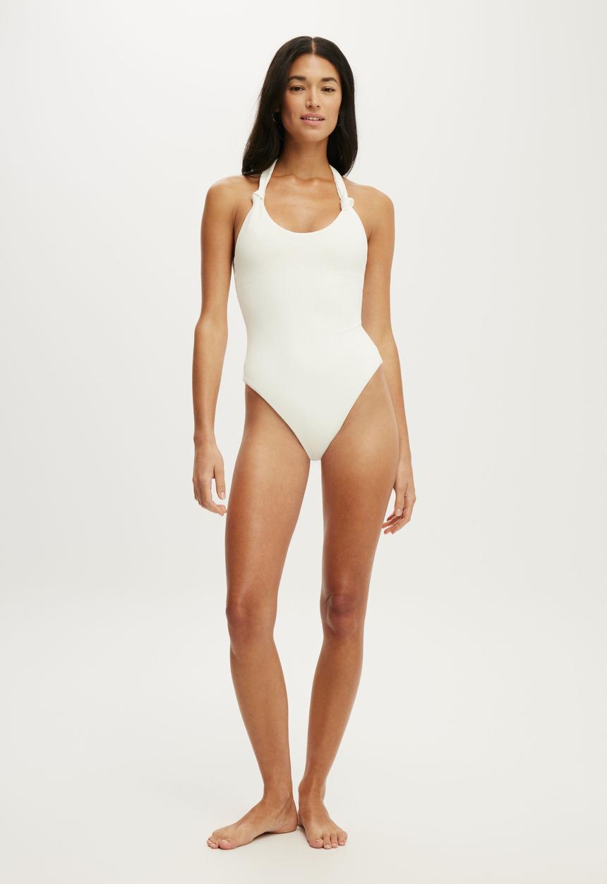 Cotton On - Halter Knot One Piece Cheeky - Coconut Milk Waffle