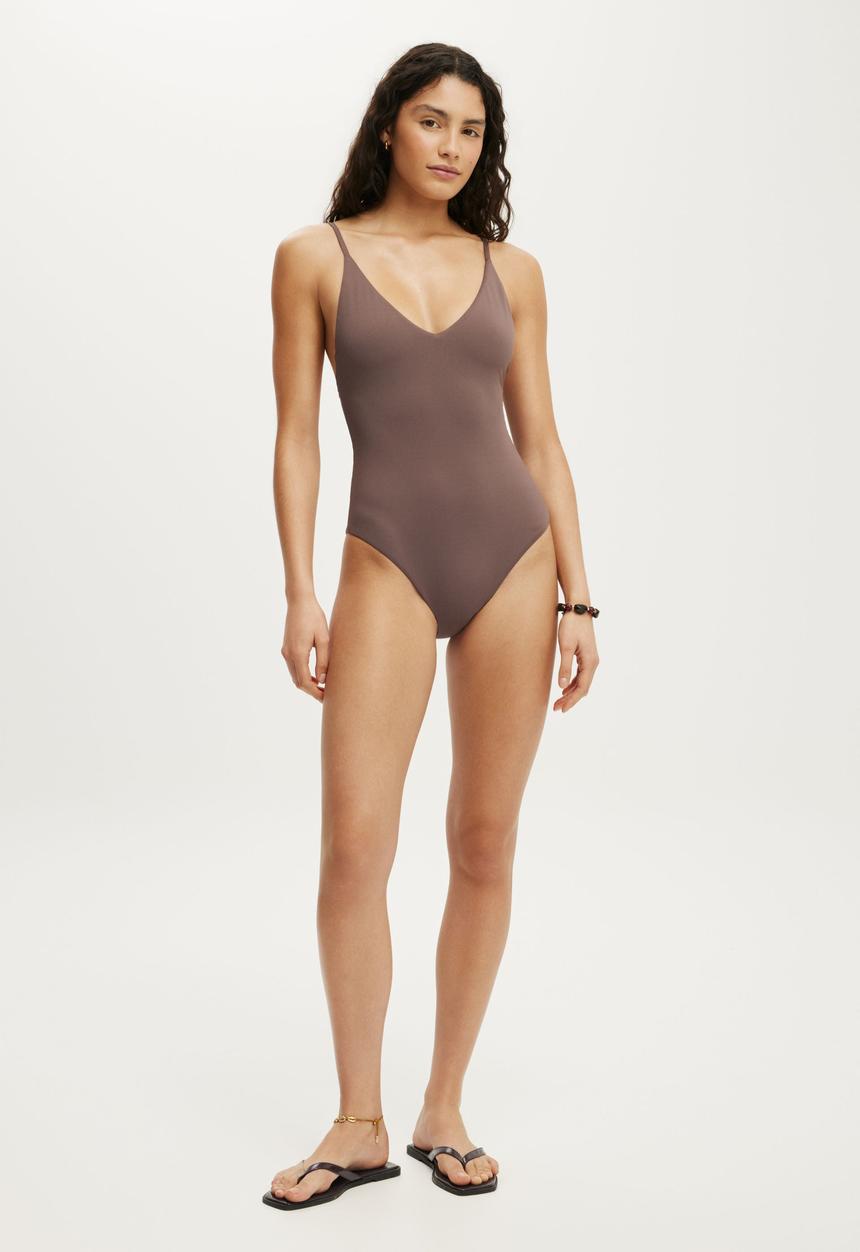 Cotton On - Thin Strap V Neck One Piece Full - Clay Taupe Matte