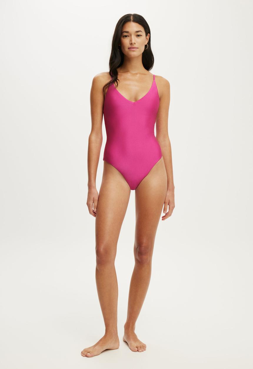 Cotton On - Thin Strap V Neck One Piece Full - Sundried Rose Shimmer