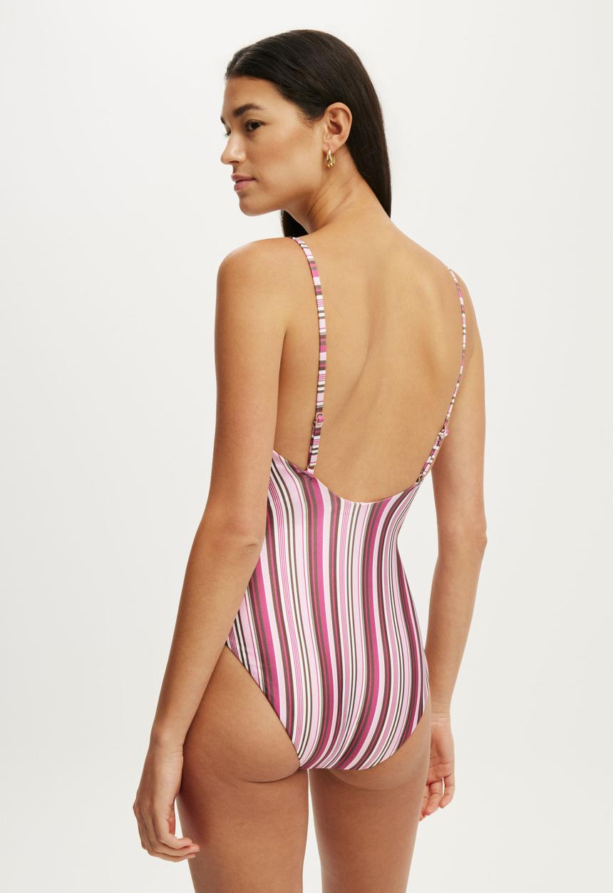 Cotton On - Thin Strap V Neck One Piece Full - Boho Stripes Pink Shimmer