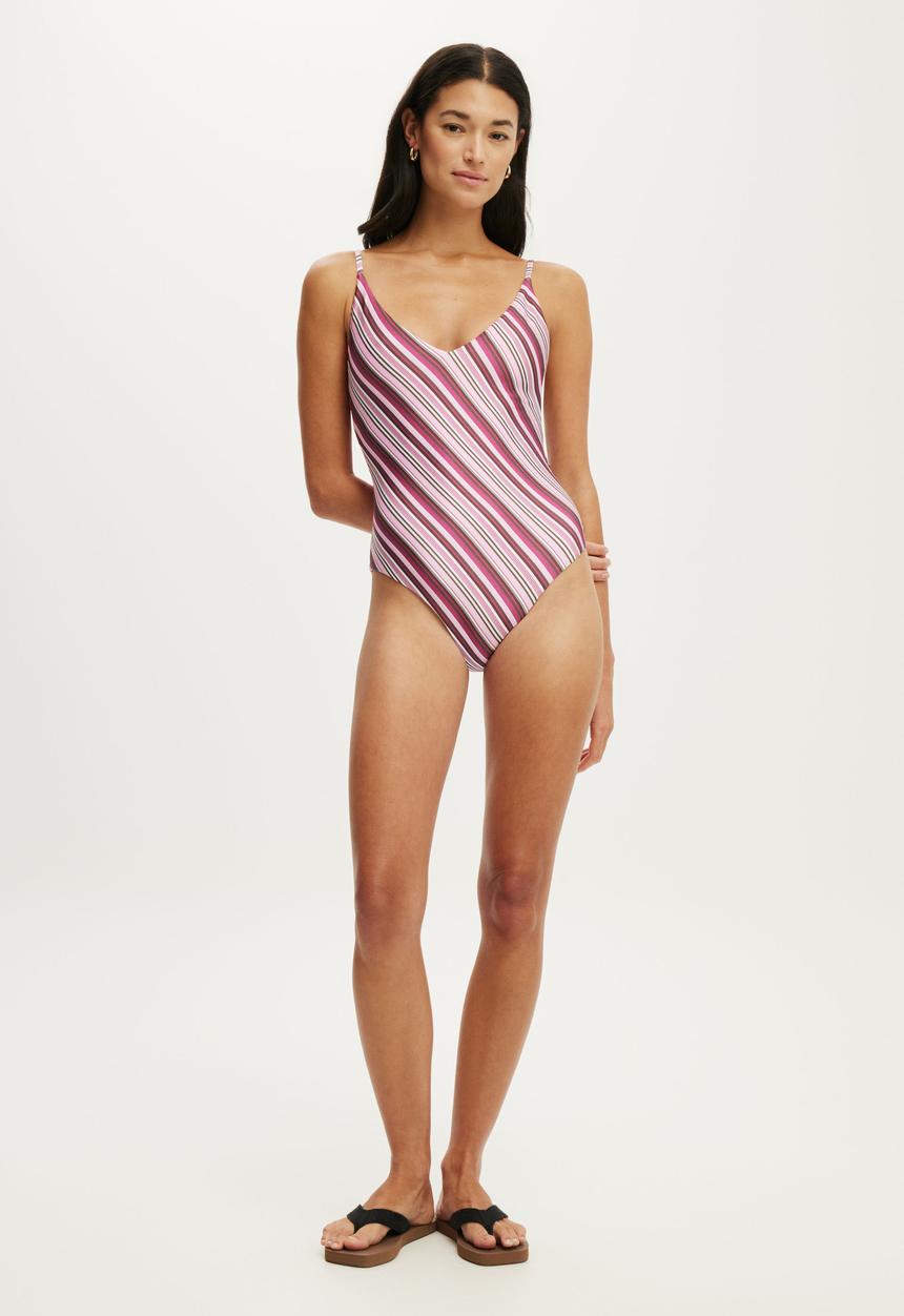 Cotton On - Thin Strap V Neck One Piece Full - Boho Stripes Pink Shimmer