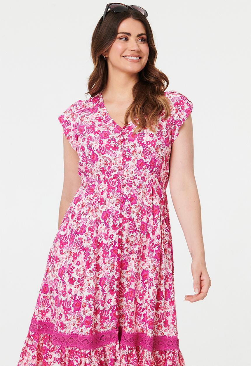 Izabel London - Cap Sleeve With Flutter V-Neck Button Through Midi Dress Printed - Pink