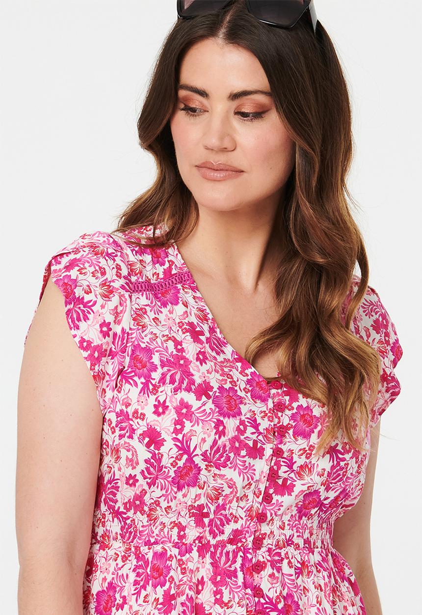 Izabel London - Cap Sleeve With Flutter V-Neck Button Through Midi Dress Printed - Pink