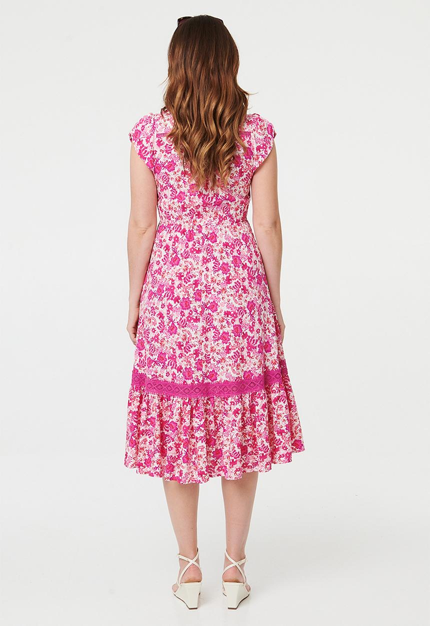 Izabel London - Cap Sleeve With Flutter V-Neck Button Through Midi Dress Printed - Pink