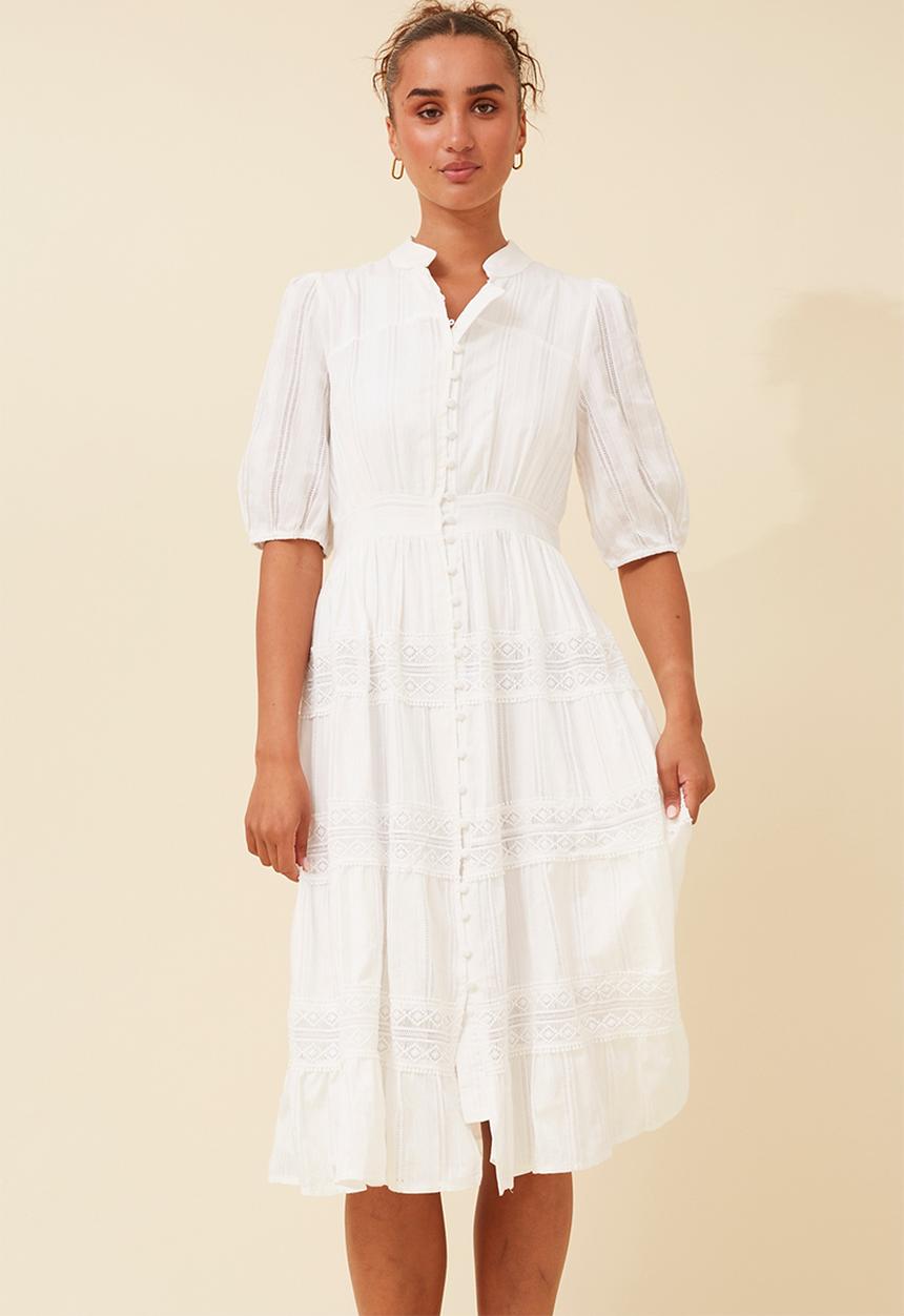 Izabel London - Half Sleeve With Elastic Button Through Tiered Dress With Lace At Each Tier - White