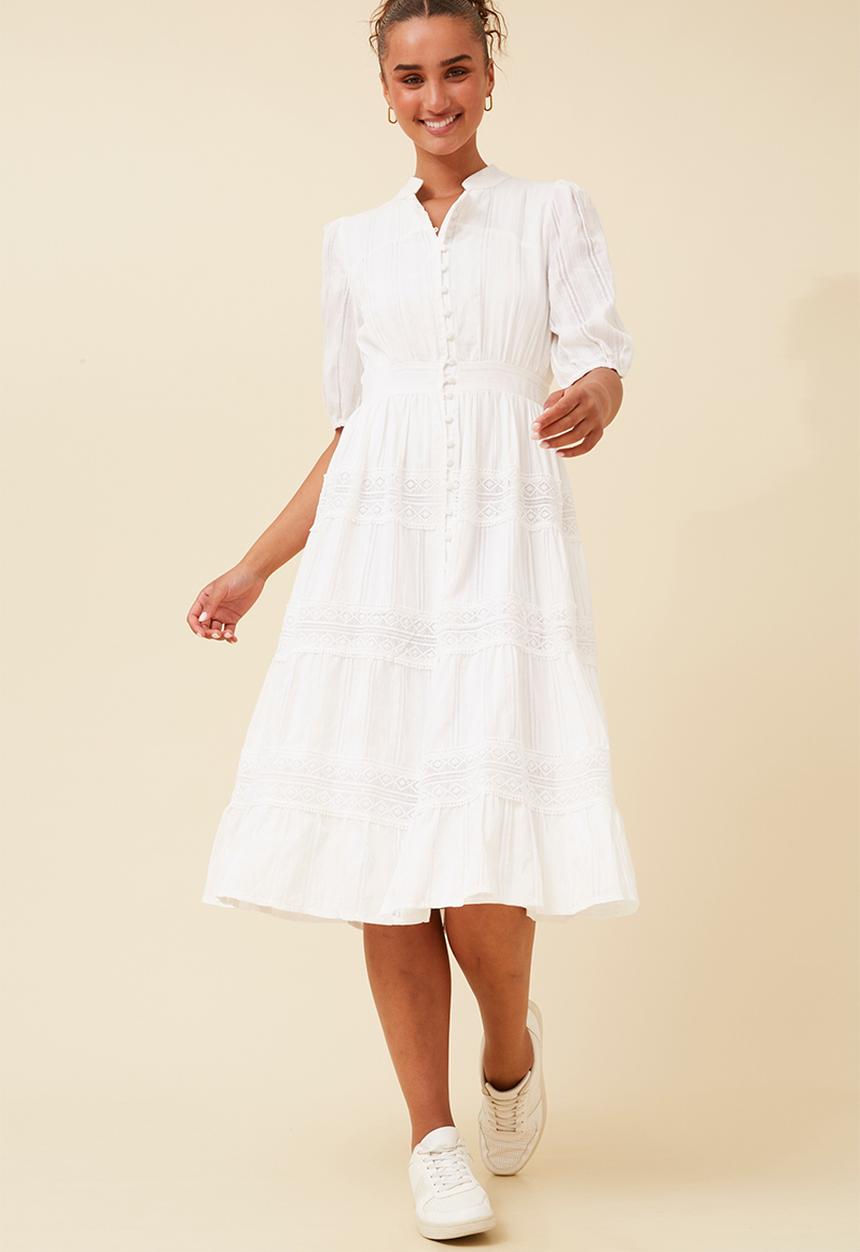Izabel London - Half Sleeve With Elastic Button Through Tiered Dress With Lace At Each Tier - White