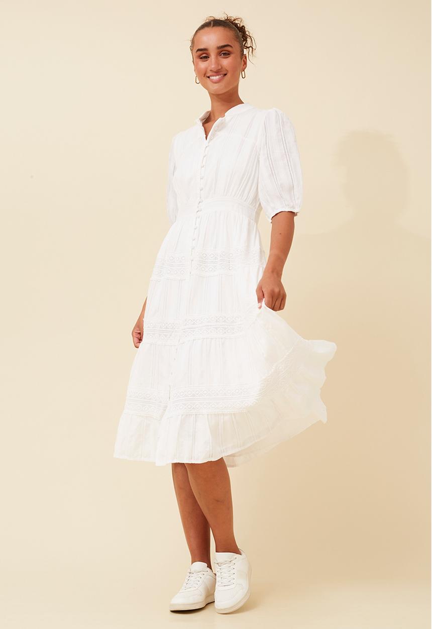 Izabel London - Half Sleeve With Elastic Button Through Tiered Dress With Lace At Each Tier - White