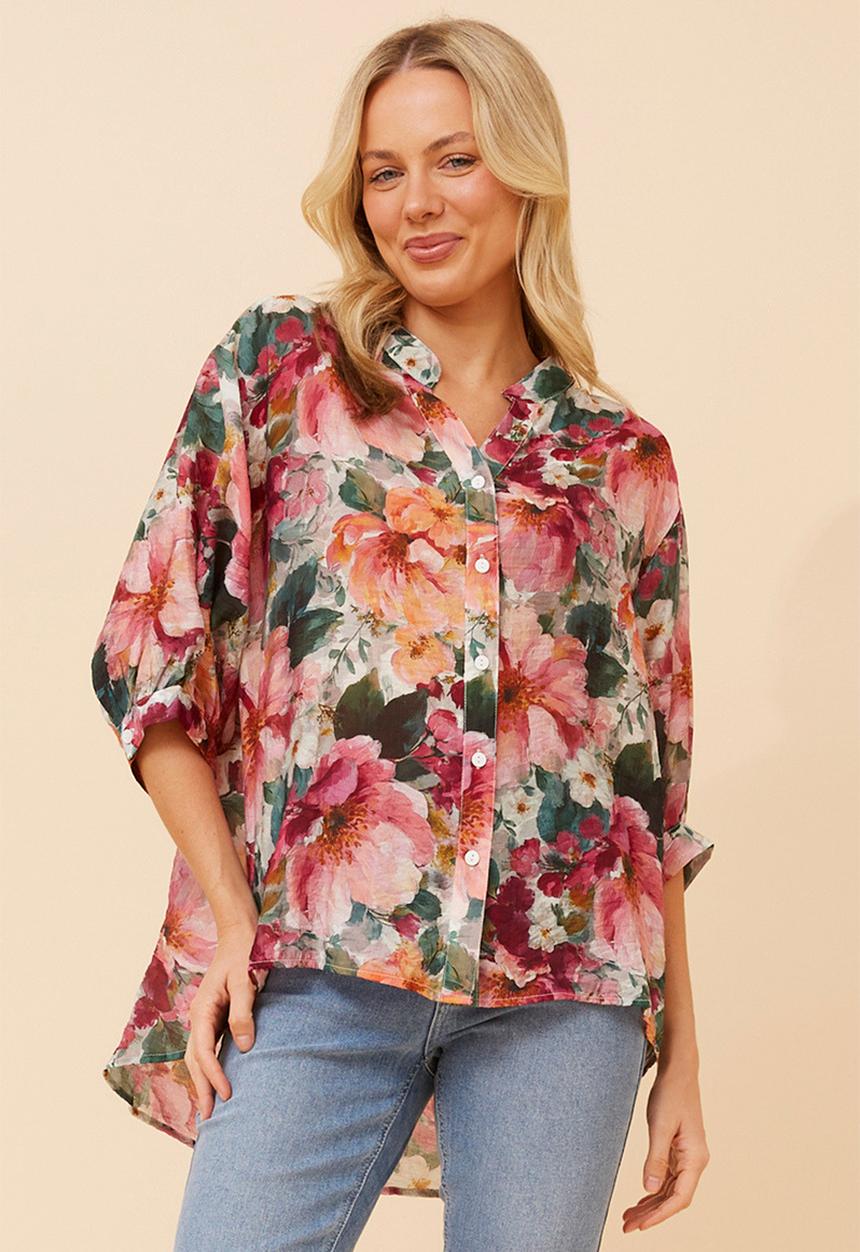 Izabel London - Half Sleeve Batwing Easy Wearing Printed Sheer Blouse With Back Button Stand Detail - Multi Pink