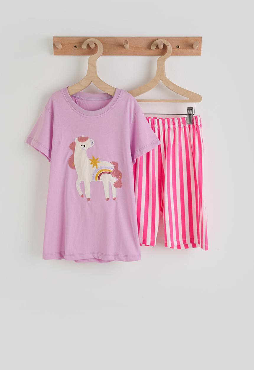 Pop Candy - Embroidered unicorn tee with striped shorts - light purple/red