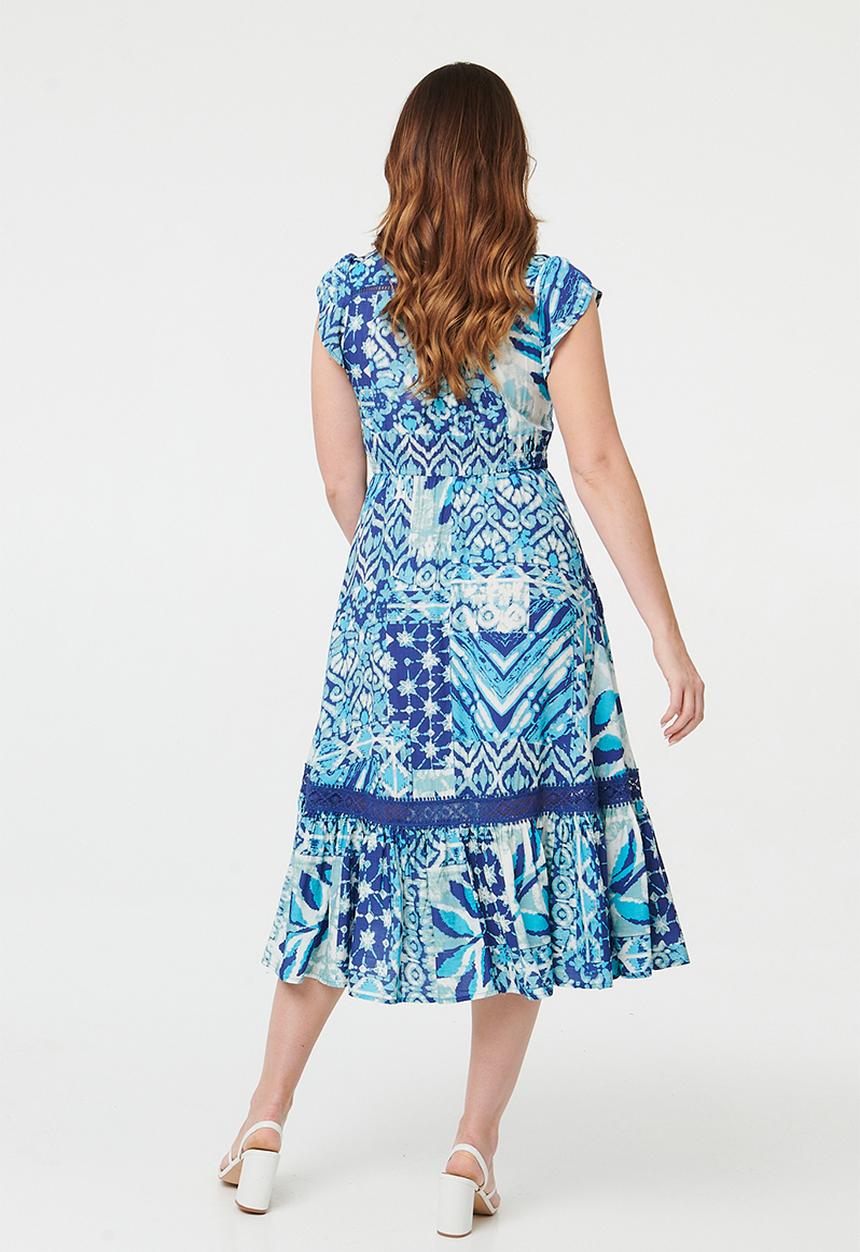 MANDI - Cap Sleeve With Flutter V-Neck Button Through Midi Dress Printed - Blue