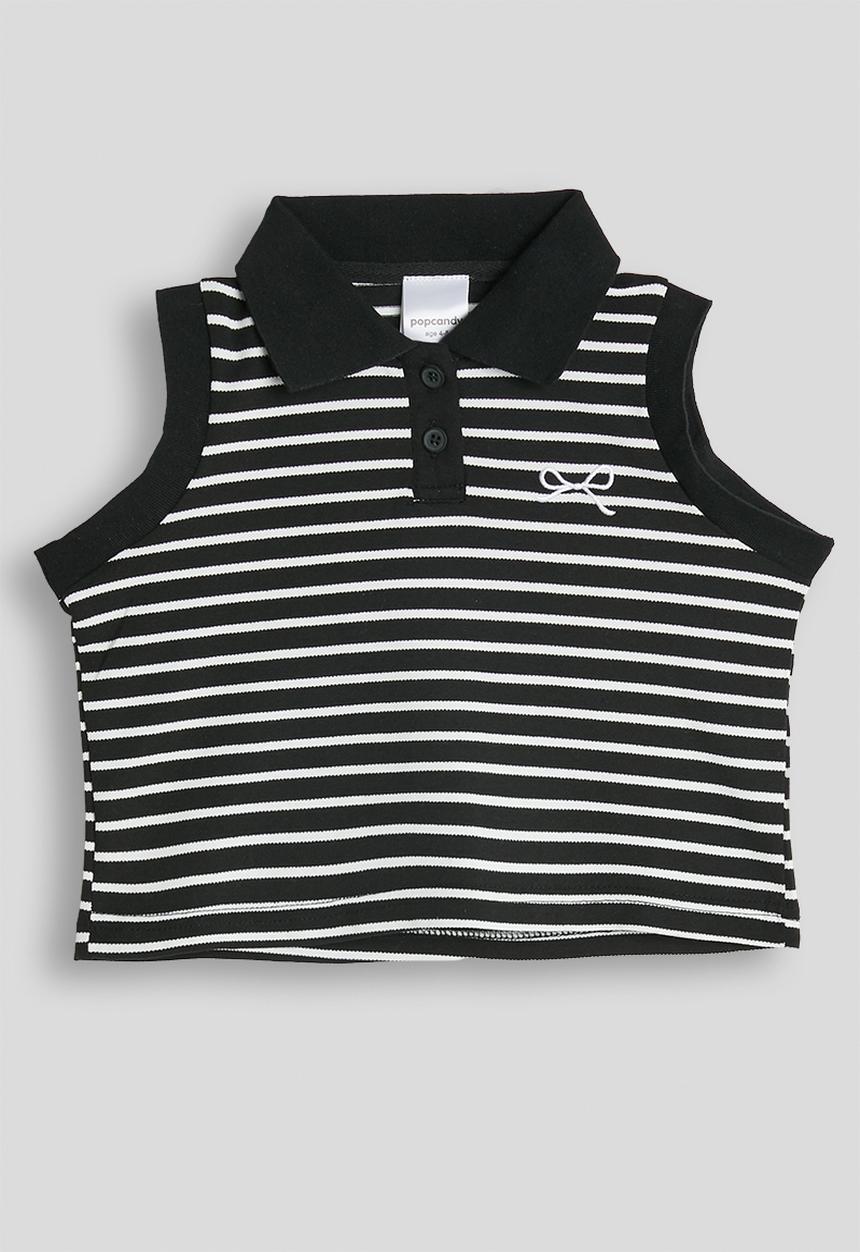 Pop Candy - Sleeveless knit henley tee - black stripe